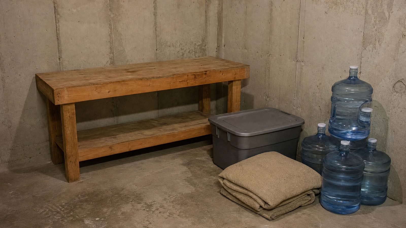 A concrete basement corner with a heavy wooden workbench, a gray plastic storage bin, a folded blanket and water jugs on the floor, lit by a single bulb