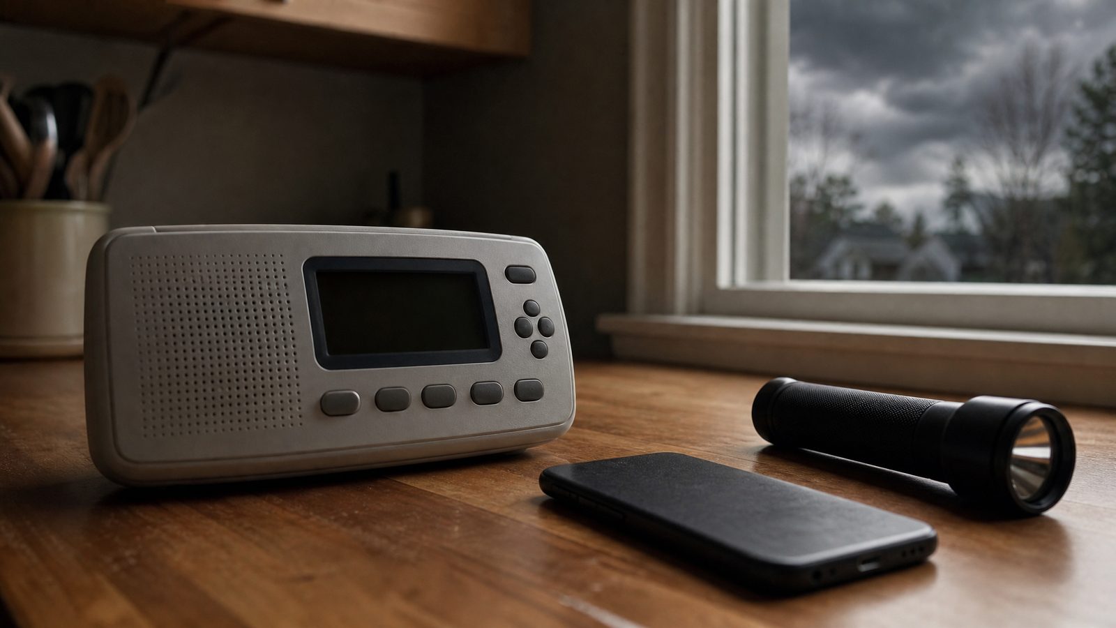 A handheld weather radio with a dark display on a wooden kitchen counter beside a smartphone lying face down and a flashlight, with stormy daylight in the window behind