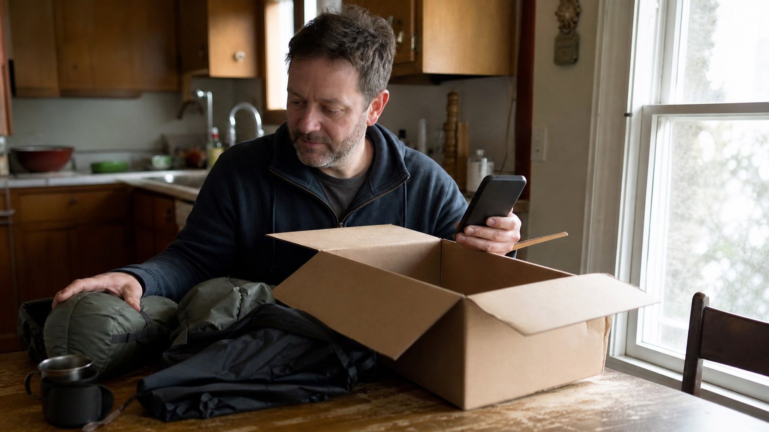 A man at a kitchen table looking over outdoor gear next to an opened plain cardboard delivery box