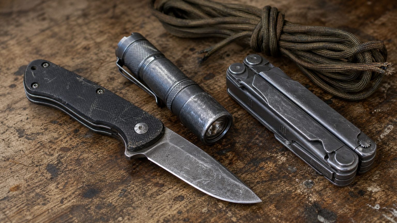 Visibly used outdoor gear on a scratched workbench: a scuffed folding knife, dented flashlight, worn multitool, and frayed paracord
