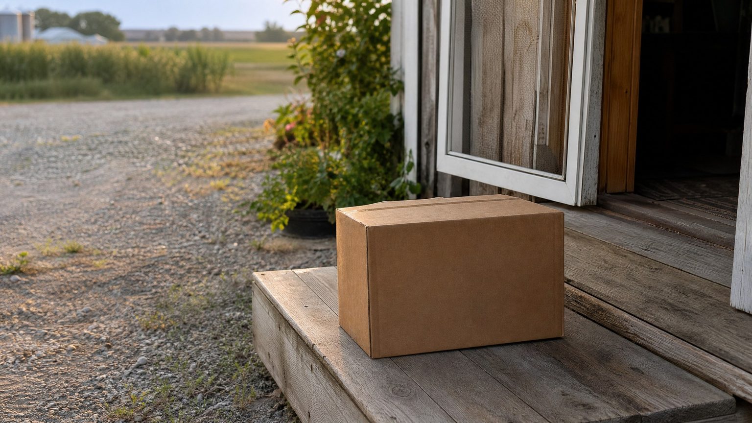 A plain unmarked cardboard box sitting on a wooden porch step at a rural home in late-afternoon light