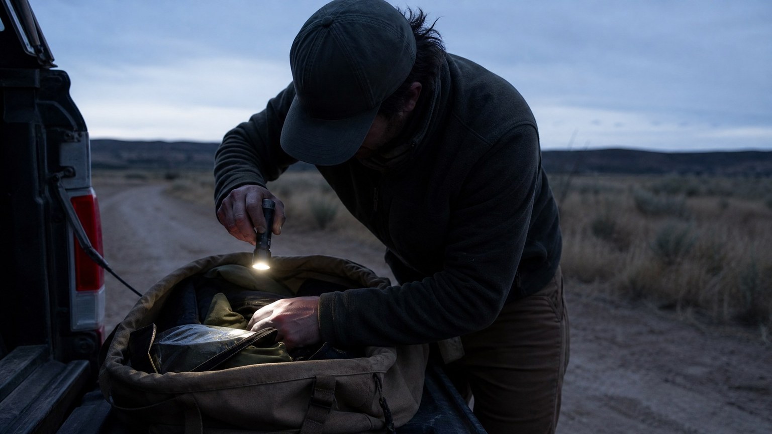 A man crouched beside a truck tailgate at dusk using a plain flashlight to look into an open canvas gear bag