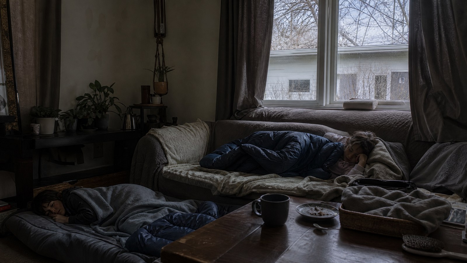 A living room on a gray winter afternoon with a couch piled with wool blankets and sleeping bags and curtains drawn