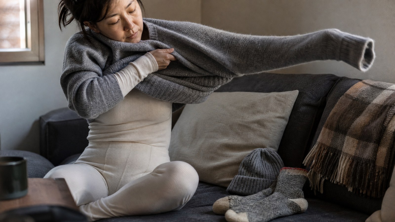 A person on a couch pulling a gray wool sweater over a thermal base layer, with a knit hat and wool socks beside them