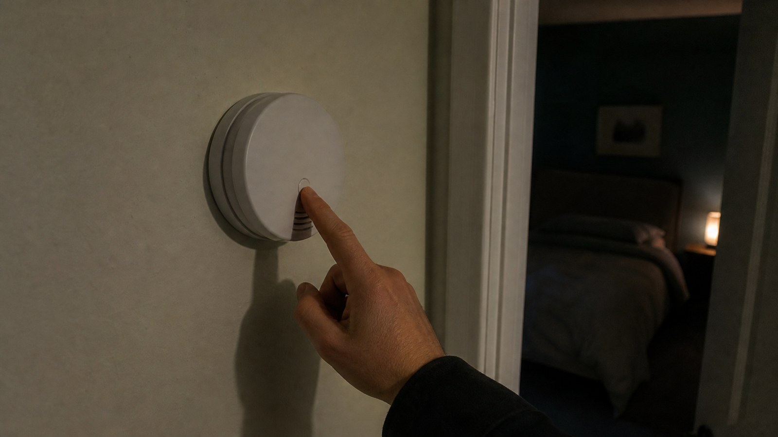 A hand pressing the test button on a plain white battery-operated carbon monoxide alarm on a hallway wall outside a bedroom