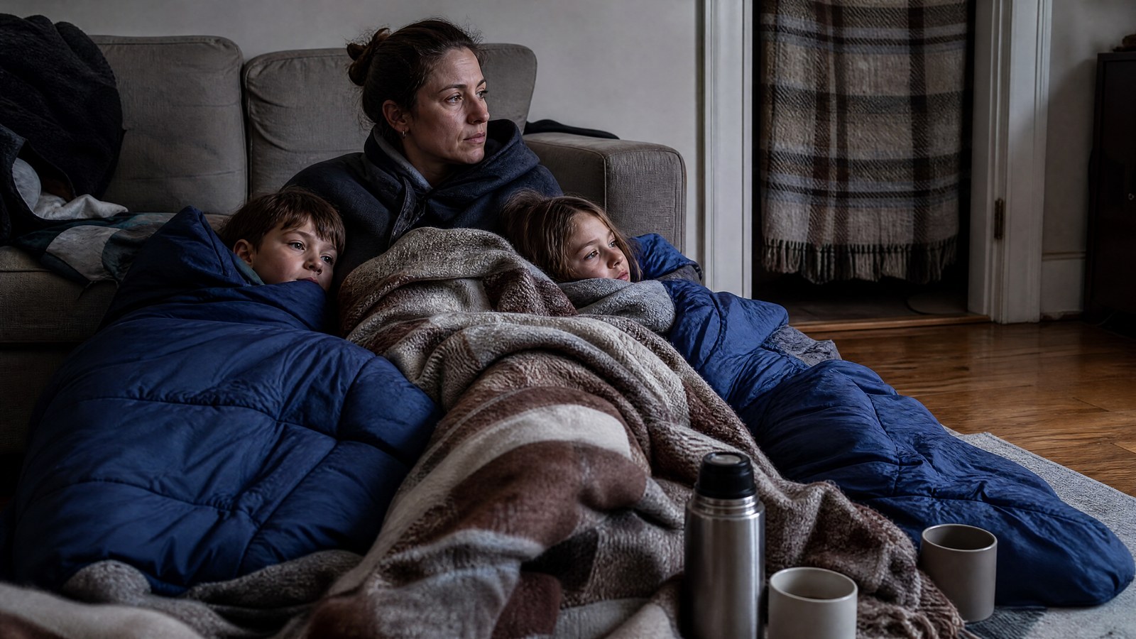 A parent and two children wrapped in sleeping bags and wool blankets on a living room floor, with an insulated thermos nearby and a blanket hung over the doorway