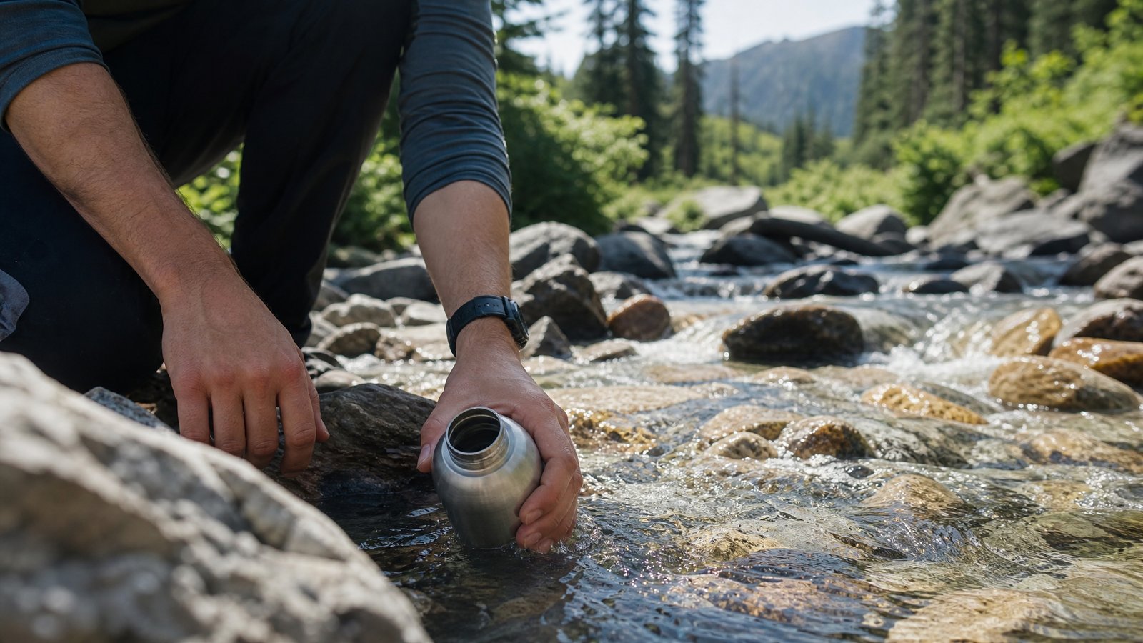 Hiker's hands filling a metal water bottle directly from a clear mountain stream