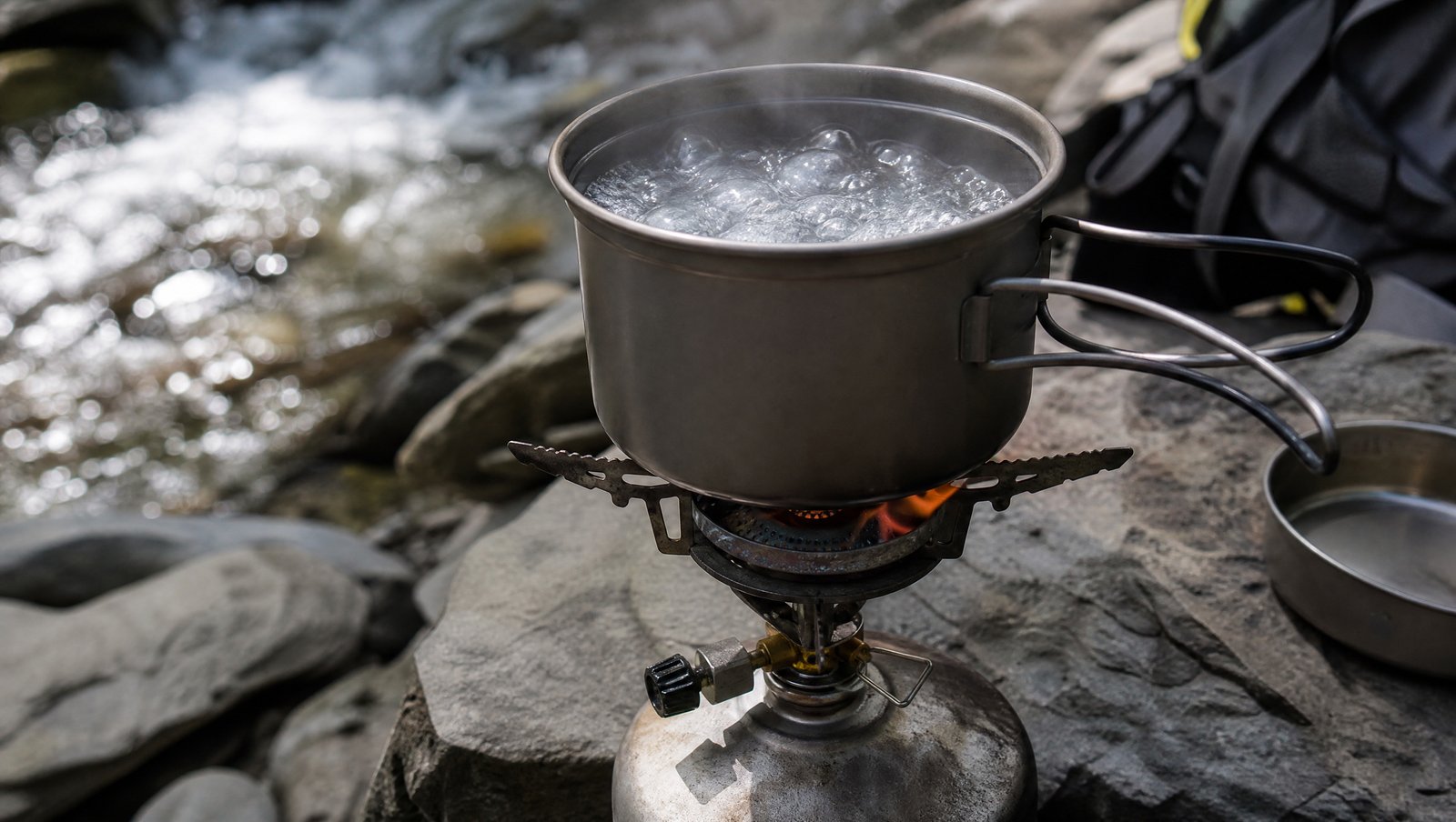 A small camping pot of water coming to a rolling boil on a backpacking stove beside a stream