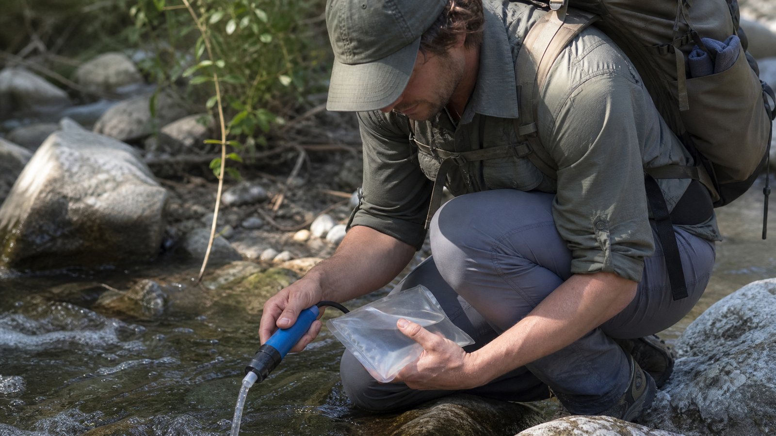 A hiker crouched at a stream bank filtering water with a handheld squeeze-style portable water filter
