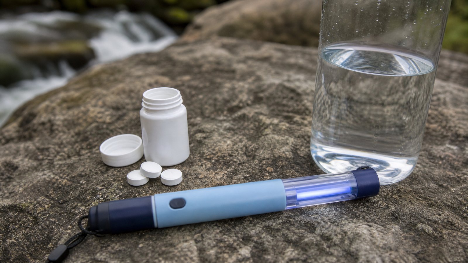 Water purification tablets and a pen-style UV light sterilizer next to a filled water bottle on a rock beside a stream