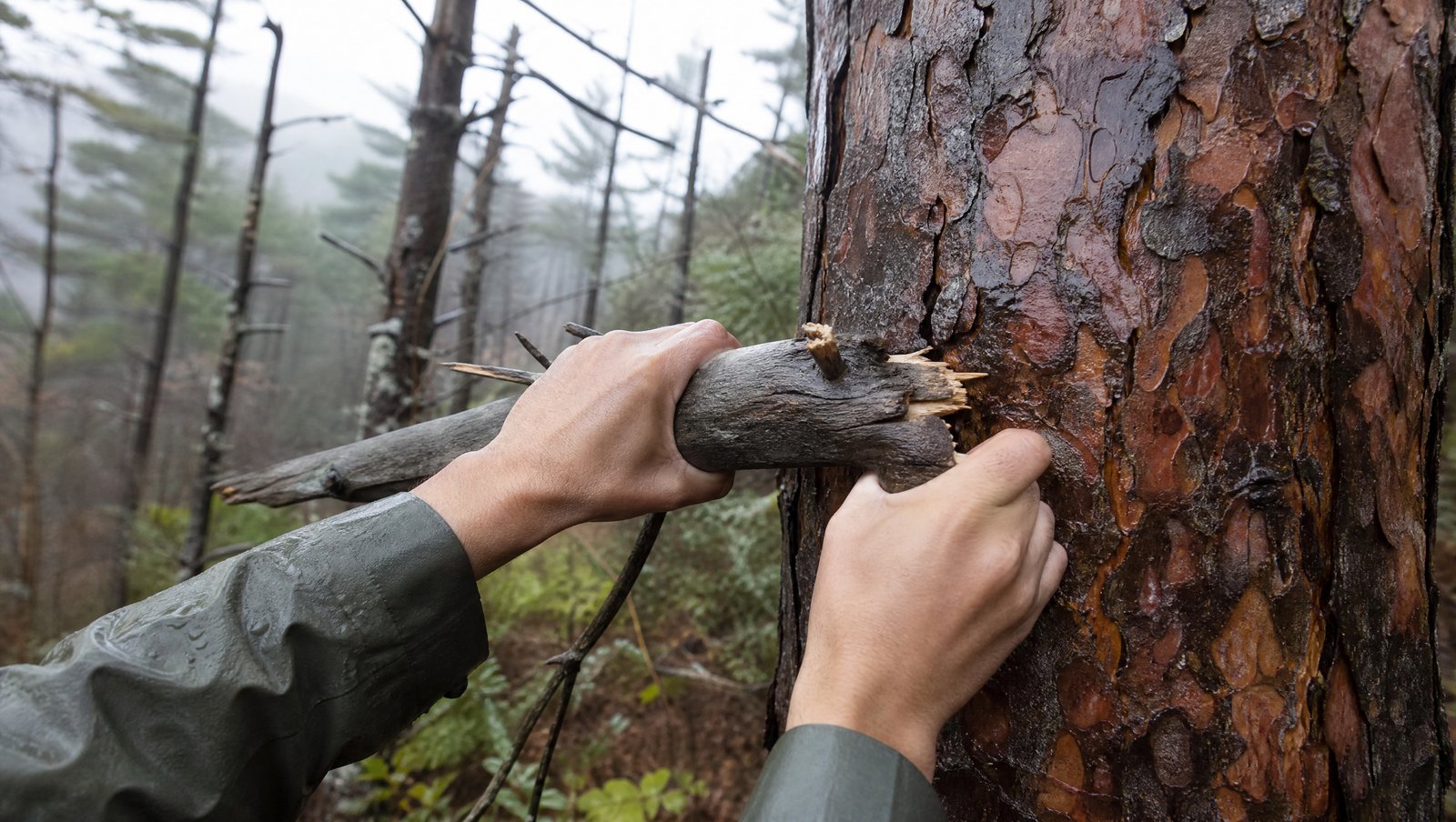 Hands snapping a dead lower branch off a pine trunk in a wet forest