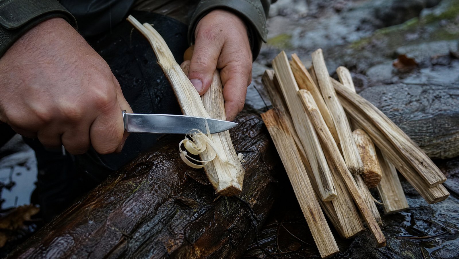 Hands carving feather stick shavings from a split piece of wood with a dry pale core