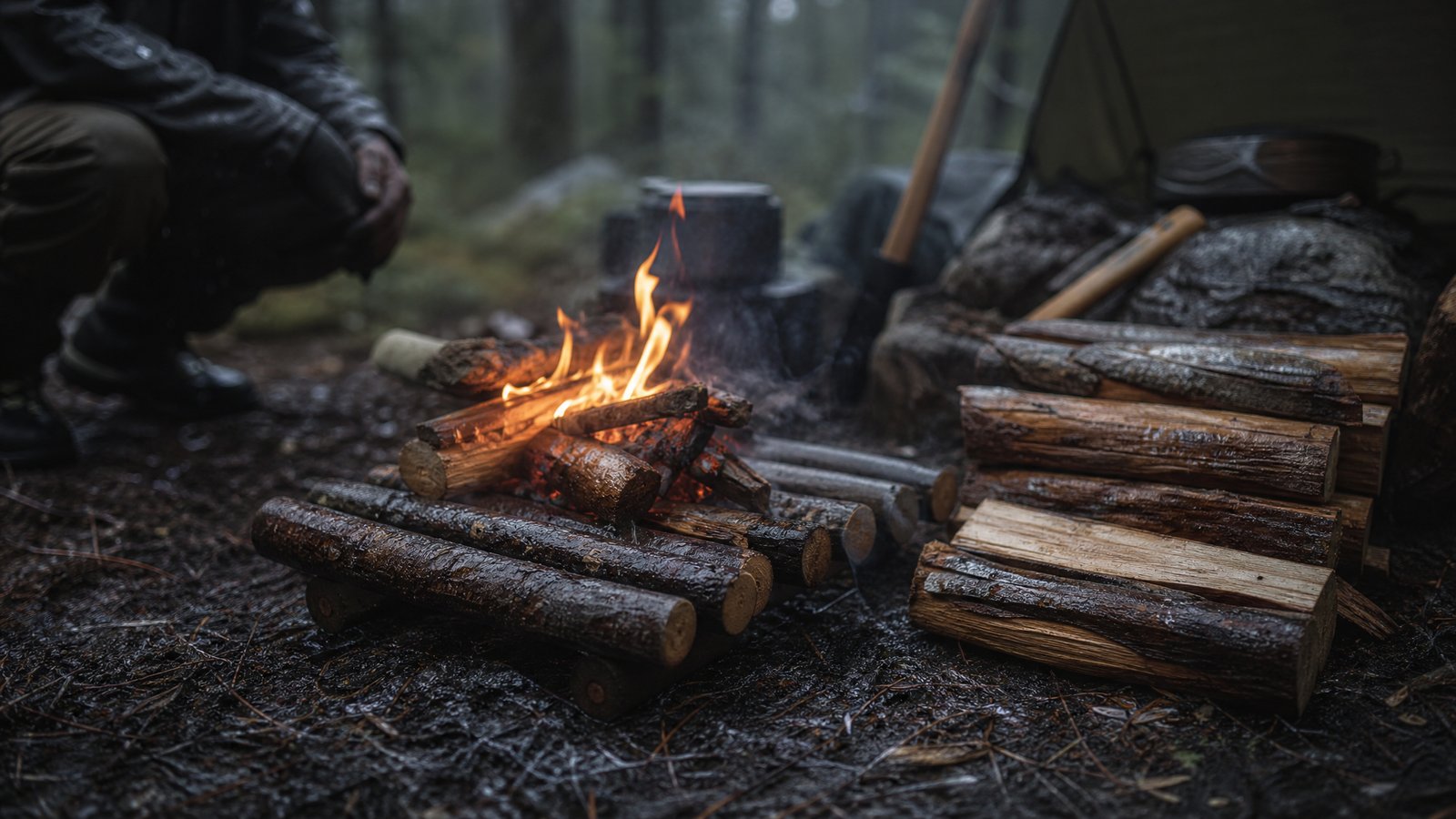 Small steady campfire burning on a raised platform of split logs above soaked ground with wet fuel drying nearby