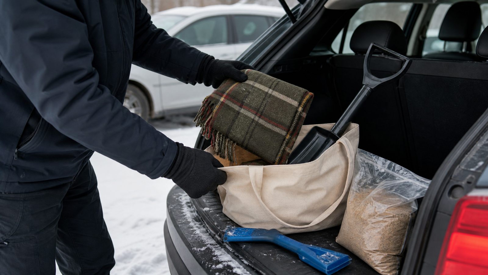 Gloved hands packing a wool blanket, ice scraper, and bag of sand into an open trunk in the snow