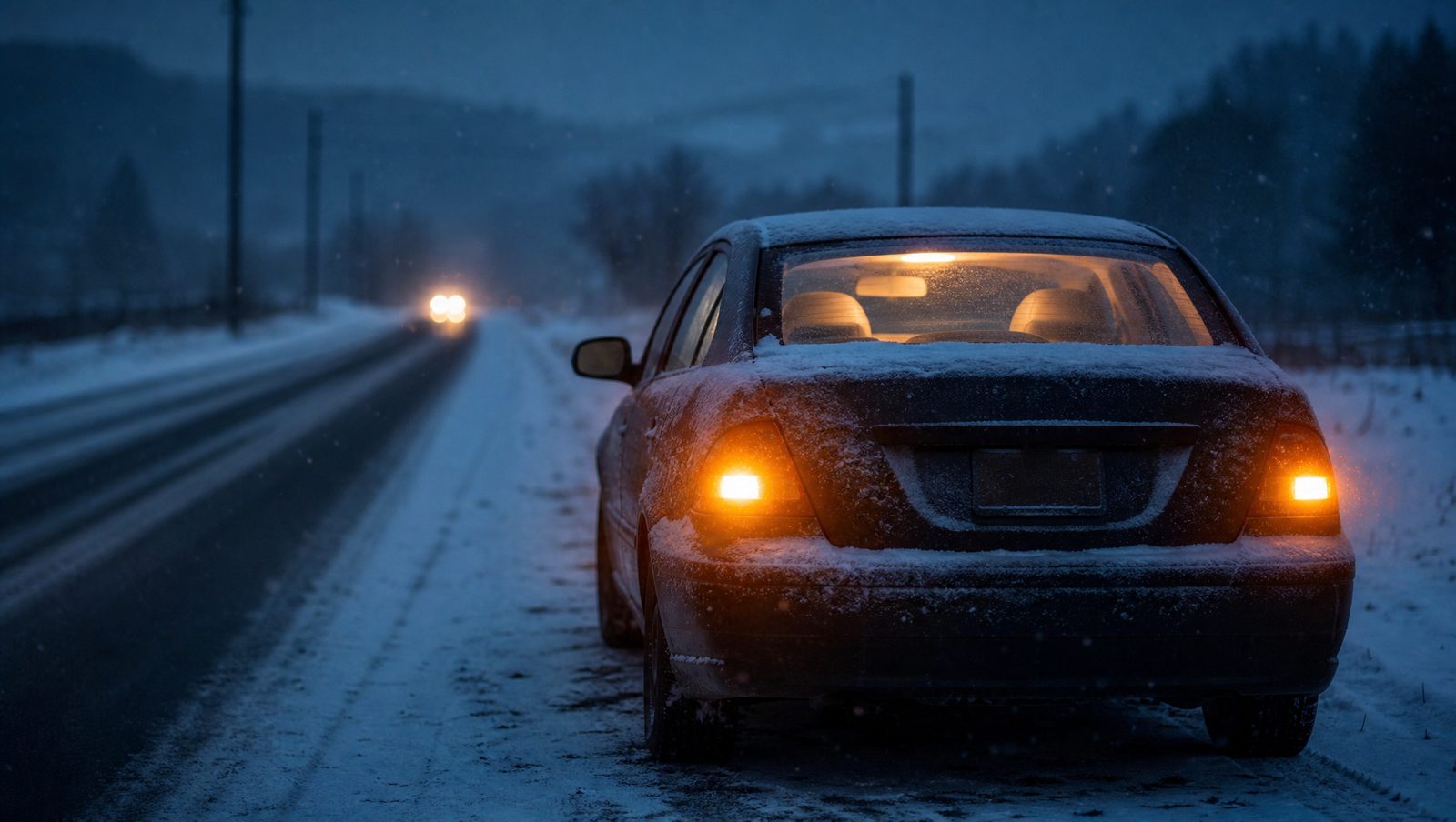 A car with hazard lights on, pulled onto a snow-covered rural roadside at dusk