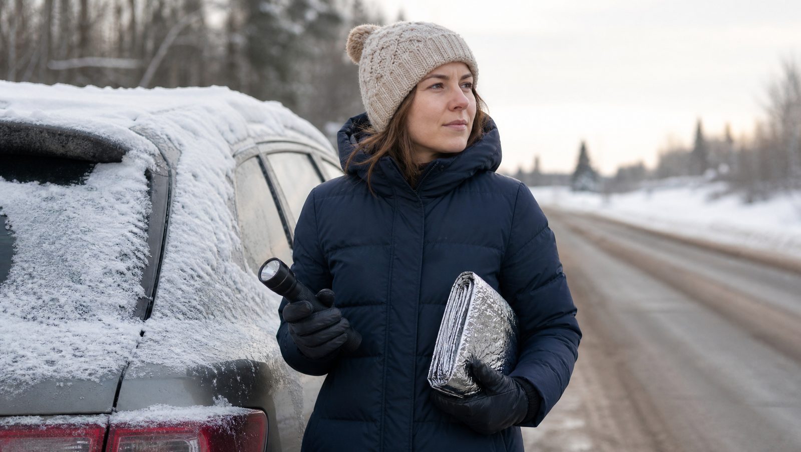 A person in a winter coat holding a flashlight and folded emergency blanket beside a snow-covered car on a rural roadside