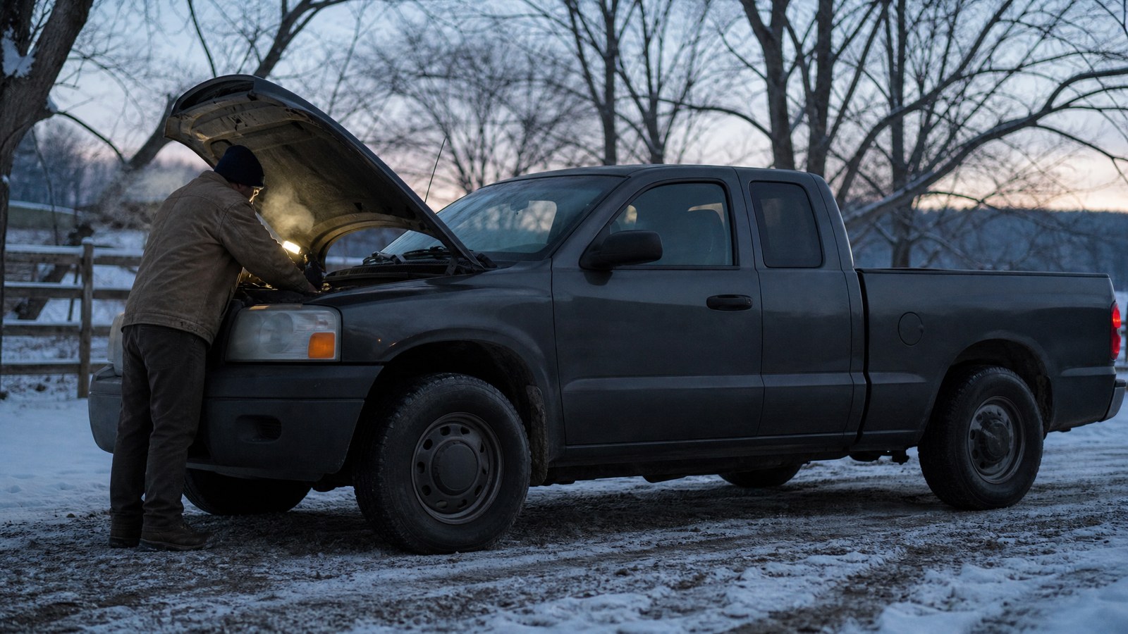 A pickup truck parked in a snow-covered rural driveway at dawn with the hood raised and a man in a canvas jacket leaning over the engine bay