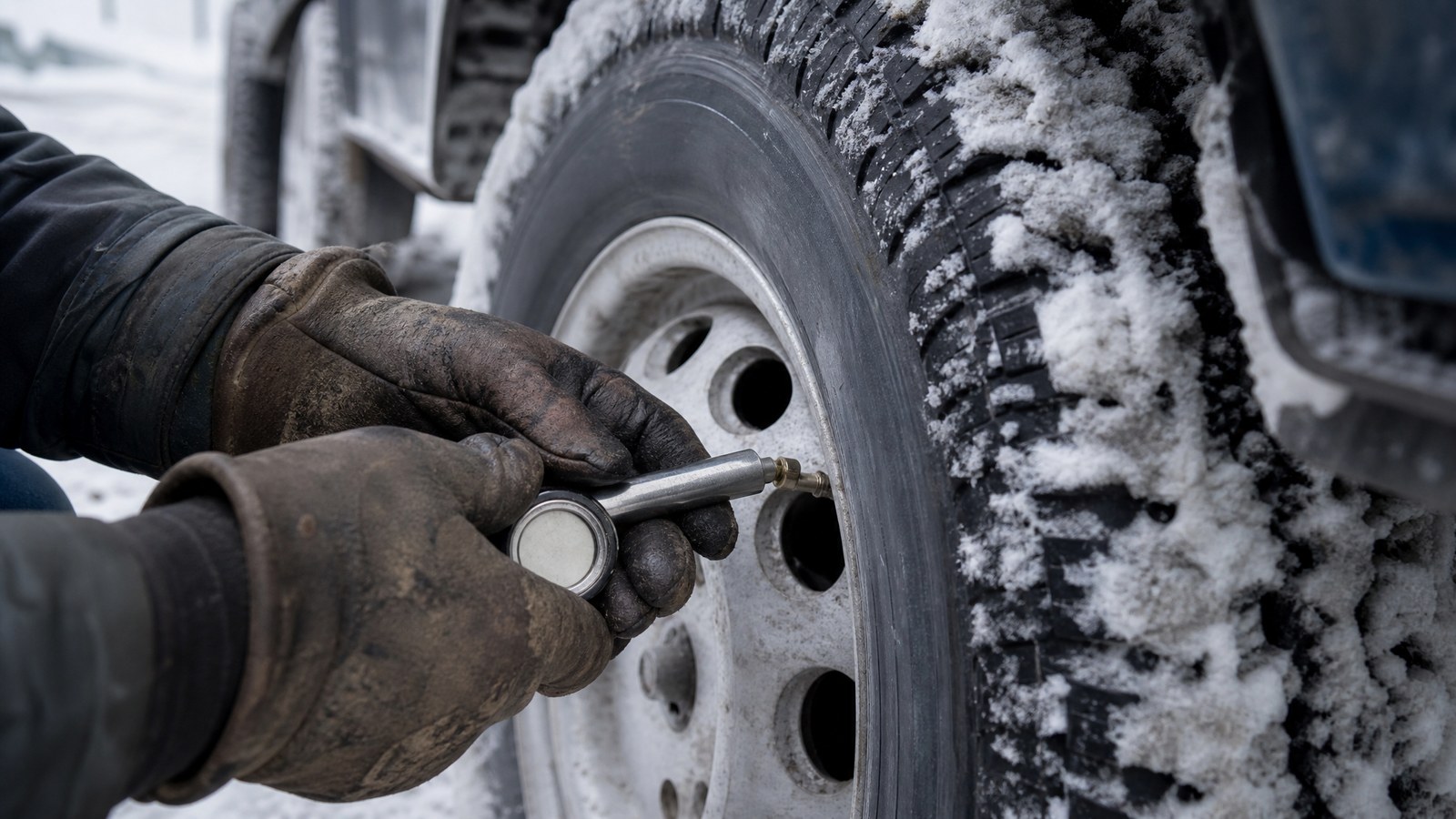 Close-up of a man's gloved hands holding a tire pressure gauge against the valve stem of a truck tire, snow packed in the tread and around the wheel