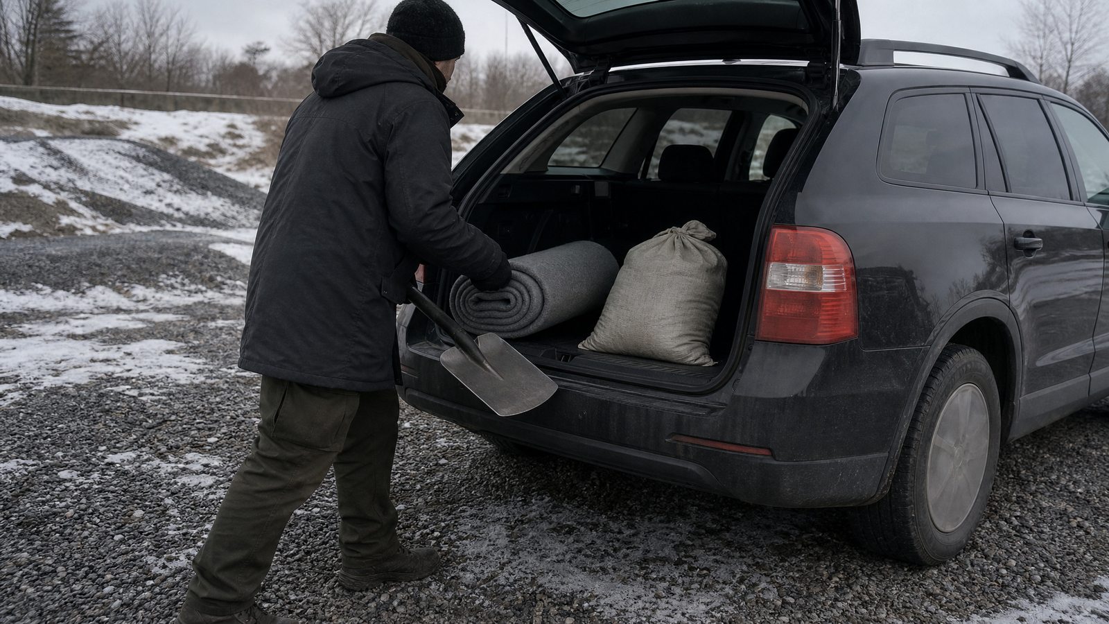 A man in a heavy coat and knit hat loading a folding shovel and a rolled wool blanket into the open rear cargo area of a dark vehicle beside a sack of sand, in a snowy gravel parking area