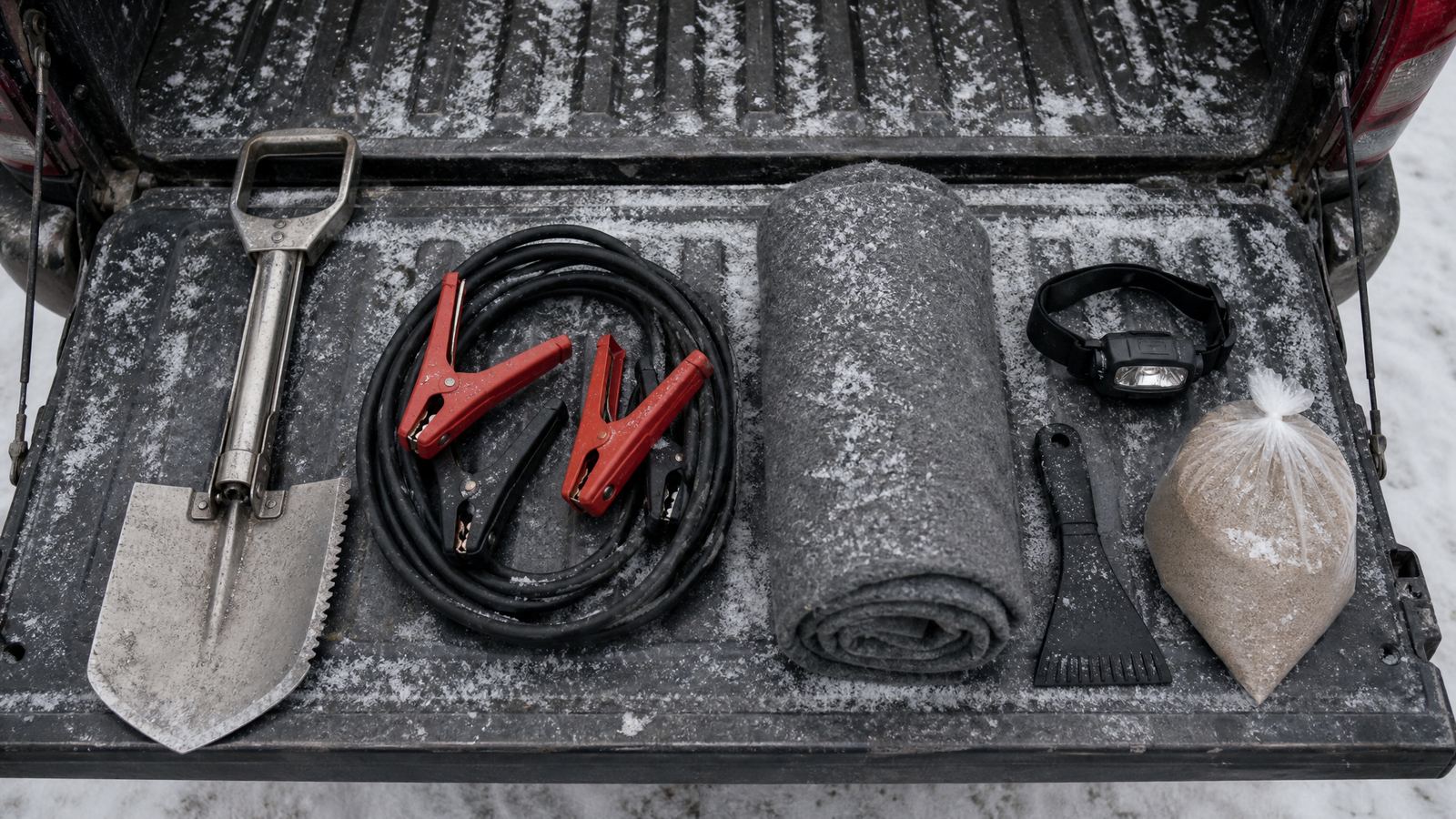 Overhead flat lay on a truck tailgate of a folding shovel, coiled jumper cables, a rolled wool blanket, a headlamp, an ice scraper and a small bag of sand, all dusted with snow