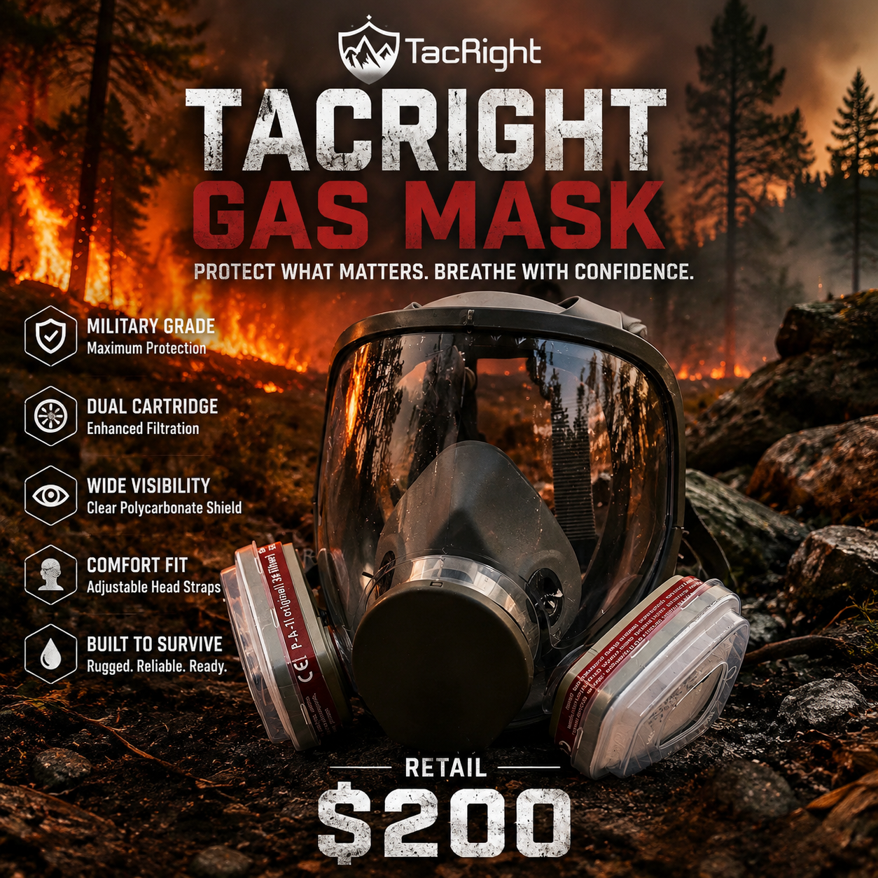 Filtered gas mask — respiratory protection for smoke, dust, and contaminants